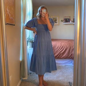 blue tiered midi dress